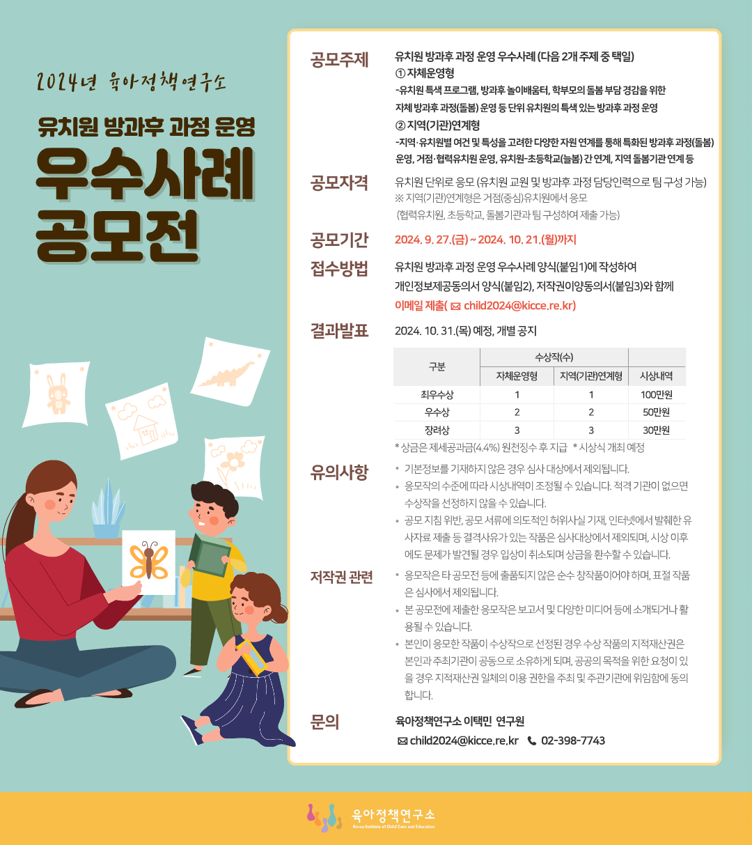 2024년 육아정책연구소
유치원 방과후과정 운영
우수사례
공모전

공모주제
유치원 방과후과정 운영 우수사례 (다음 2개 주제 중 택일)
①자체운영형
-유치원 특색프로그램, 방과후 놀이배움터, 학부모의 돌봄 부담 경감을 위한 자체 방과후과정(돌봄) 운영 등 단위 유치원의 특색 있는 방과후과정 운영
② 지역(기관)연계형
-지역·유치원별 여건 및 특성을 고려한 다양한 자원 연계를 통해 특화된 방과후과정(돌봄)운영, 거점·협력유치원 운영, 유치원초등학교(늘봄) 간 연계, 지역 돌봄기관연계 등

공모자격
유치원 단위로 응모 (유치원 교원 및 방과후과정 담당인력으로 팀구성 가능) ※지역(기관)연계형은 거점(중심)유치원에서 응모
(협력유치원, 초등학교, 돌봄기관과 팀구성하여 제출 가능)

공모기간
2024.9.27.(금)~2024. 10. 21.(월)까지

접수방법
유치원 방과후과정 운영 우수사례 양식(붙임1)에 작성하여 개인정보제공동의서 양식(붙임2), 저작권이양동의서(붙임3)와 함께 이메일 제출(child2024@kicce.re.kr)

결과발표
2024. 10. 31.(목) 예정, 개별공지
구분 / 수상작수(수) - 자체운영형, 지역 지역(기관)연계형 / 시상내역
최우수상 / 1, 1 / 100만원
우수상 / 2, 2 / 50만원
장려상 / 3, 3 / 30만원
*상금은 제세공과금(4.4%) 원천징수후 지급 * 시상식 개최 예정

유의사항
•기본정보를 기재하지 않은 경우 심사 대상에서 제외됩니다.
•응모작의 수준에 따라 시상내역이 조정될 수 있습니다. 적격기관이 없으면 수상작을 선정하지 않을 수 있습니다.
•공모지침 위반, 공모 서류에 의도적인 허위사실 기재 인터넷에서 발췌한 유 사자료제출 등 결격사유가 있는 작품은 심사대상에서 제외되며, 시상 이후 에도 문제가 발견될 경우 입상이 취소되며 상금을 환수할 수 있습니다.

저작권관련
•응모작은 타 공모전 등에 출품되지 않은 순수 창작품이어야하며, 표절작품 은 심사에서 제외됩니다.
•본 공모전에 제출한 응모작은 보고서 및 다양한 미디어 등에 소개되거나 활 용될 수 있습니다.
•본인이 응모한 작품이 수상작으로 선정된 경우 수상작품의 지적재산권은 본인과 주최기관이 공동으로 소유하게 되며, 공공의 목적을 위한 요청이 있 을 경우 지적재산권 일체의 이용권한을 주최 및 주관기관에 위임함에 동의 합니다.

문의
육아정책연구소 이택민 연구원
메일 child2024@kicce.re.kr 연락처 02-398-7743
